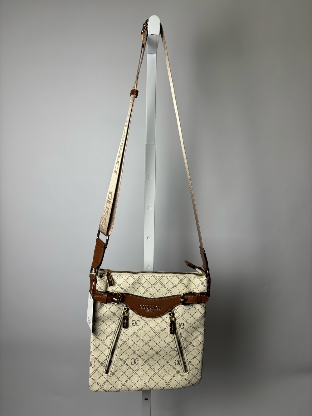 Crossbody Shoulder Bag in Cream and Brown - Designer Style